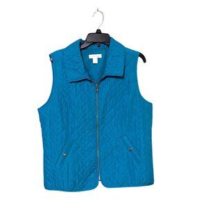 Quilted Teal Zip-Up Sleeveless Vest With Pockets & Collared Neckline Womens L
